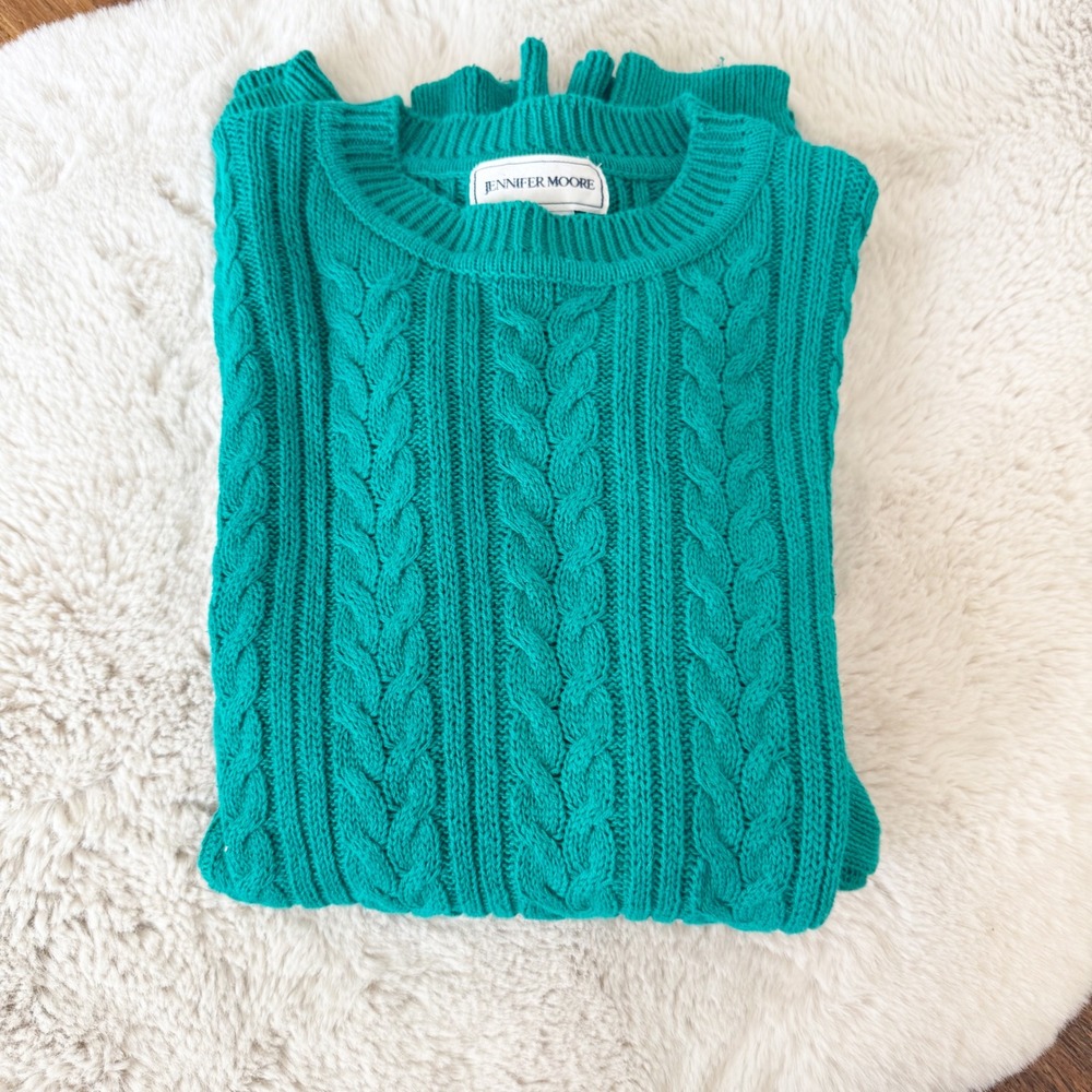 Vintage Jennifer Moore Teal Cable Knit Cotton Sweater Women's Size‎ L Crewneck